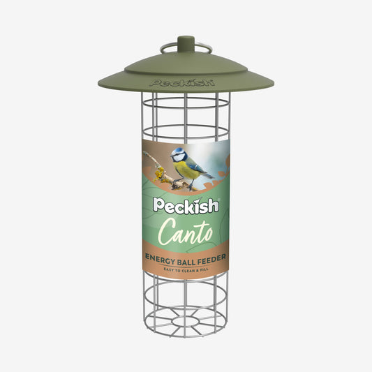 Bird feeder with 'Peckish' label on a white background