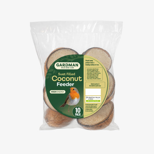 A 10-pack of Gardman Suet Filled Coconut Feeder bird feeders in a clear plastic bag with a green and yellow label featuring a robin bird.